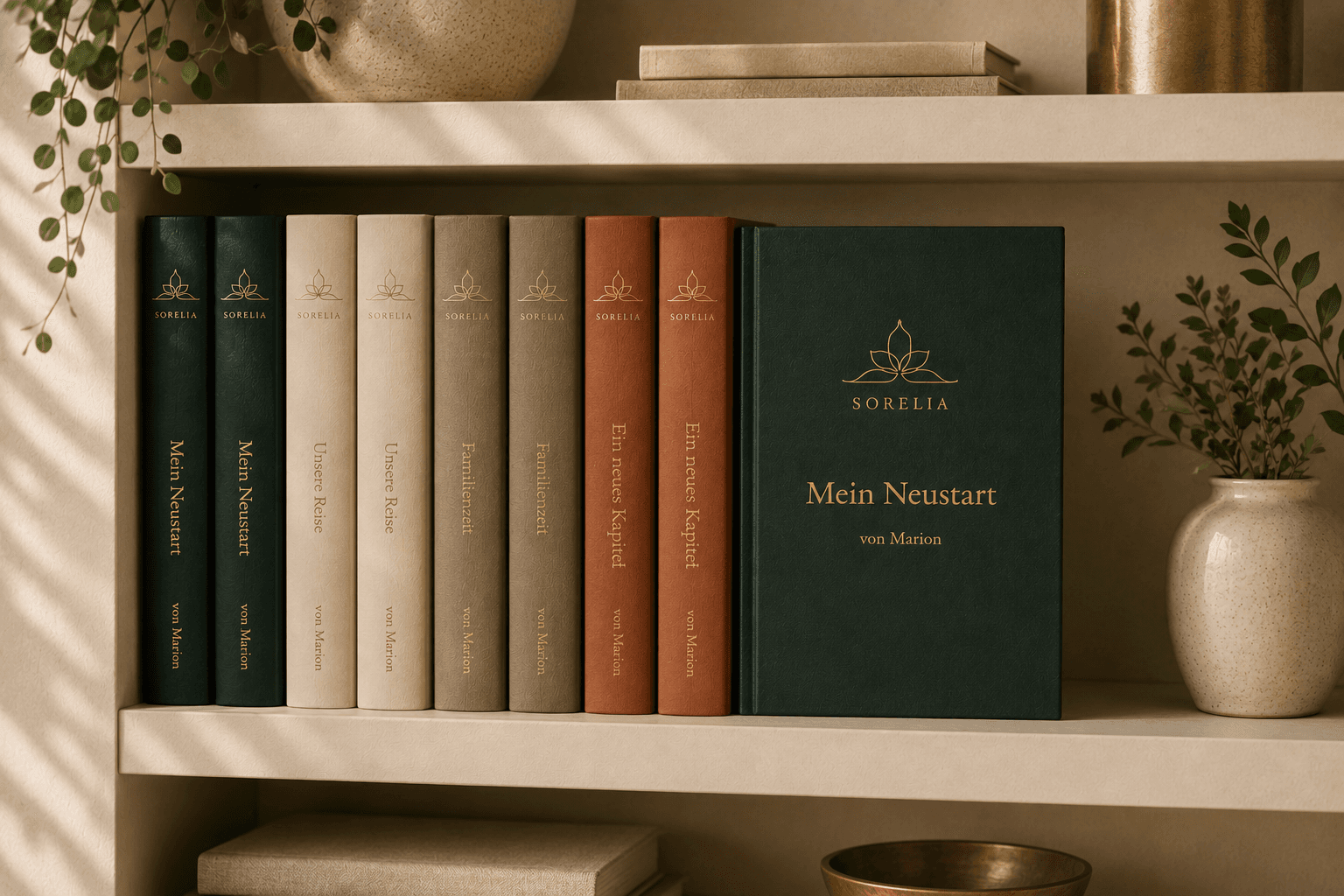 Mehrere gedruckte Sorelia-Bücher in einem Regal.